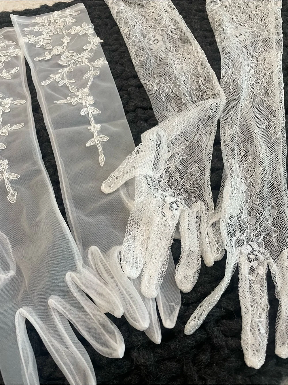 White Lace and Embroidered Sheer Bridal Gloves with Blue Garter BUNDLE